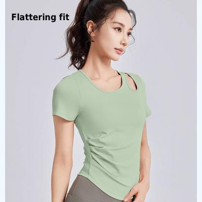 Women’s Yoga Short Sleeve Top - Built-in Bra Pad High Stretch Breathable Quick-Dry Cutout Shoulder Ruched Tummy-Control Slim Fit Sports Top for Yoga Gym Workout - 副本