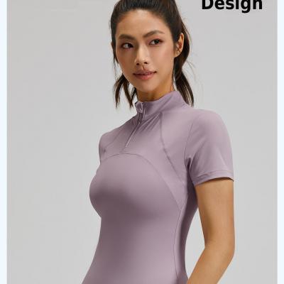 Half-Zip Short Sleeve Yoga Top with Hollow Back Mesh - Milk Silk Fabric Slim-Fit Workout Shirt (Logo Printing Available)