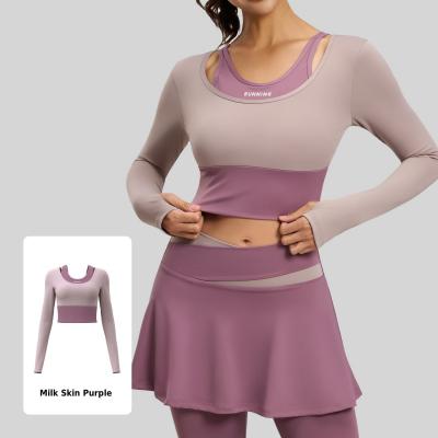 Faux Two-Piece Long Sleeve Yoga Top with Built-in Fixed Chest Pad - Color Block Workout Top (Logo Printing Available)