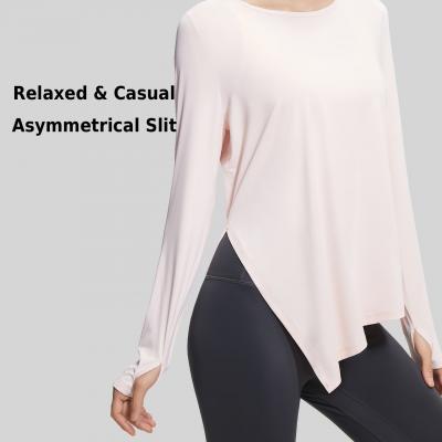 Asymmetrical Slit Long Sleeve Yoga Top - Thumbhole Relaxed Fit Breathable Workout Cover-Up (Multiple Colors)